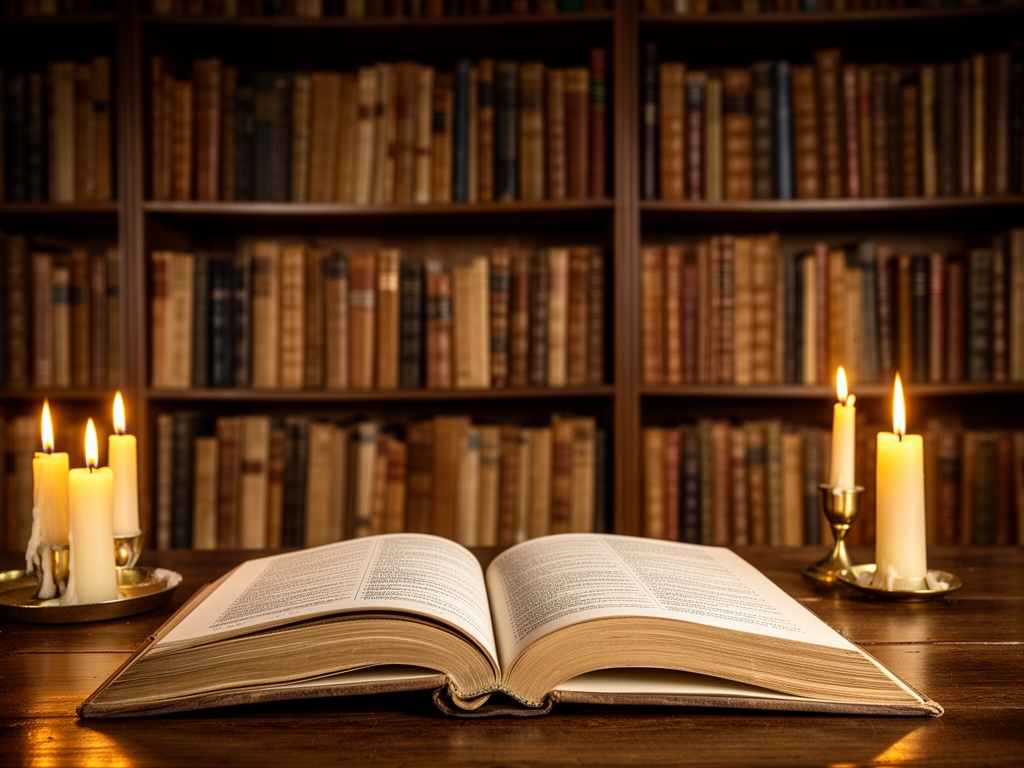 Unutrašnjost stare biblioteke sa visokim policama punim knjiga, toplim svetlom sveća i otvorenom knjigom na stolu, koja simbolizuje znanje i istraživanje
