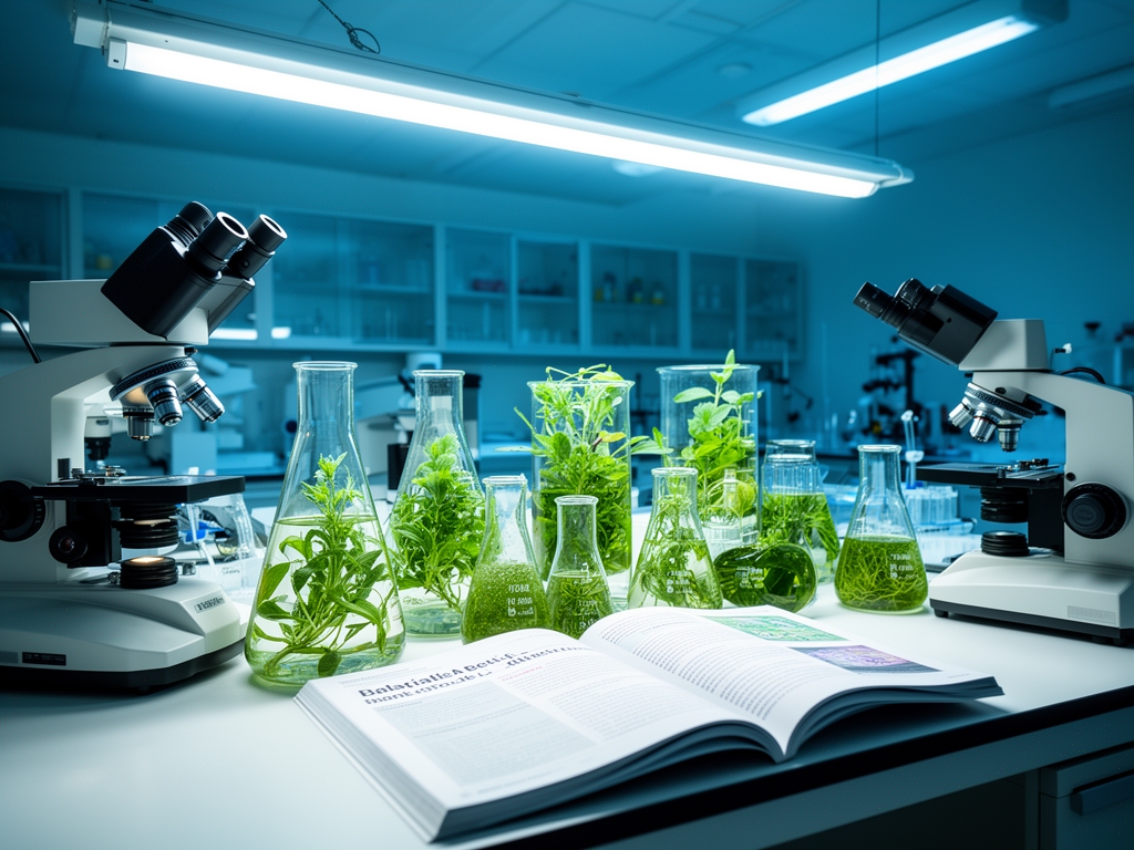 Istraživačka laboratorija sa naučnim instrumentima, staklenim posudama sa biljnim ekstraktima i otvorenim naučnim časopisima na radnom stolu osvetljenom hladnim fluoroscentnim svetlom