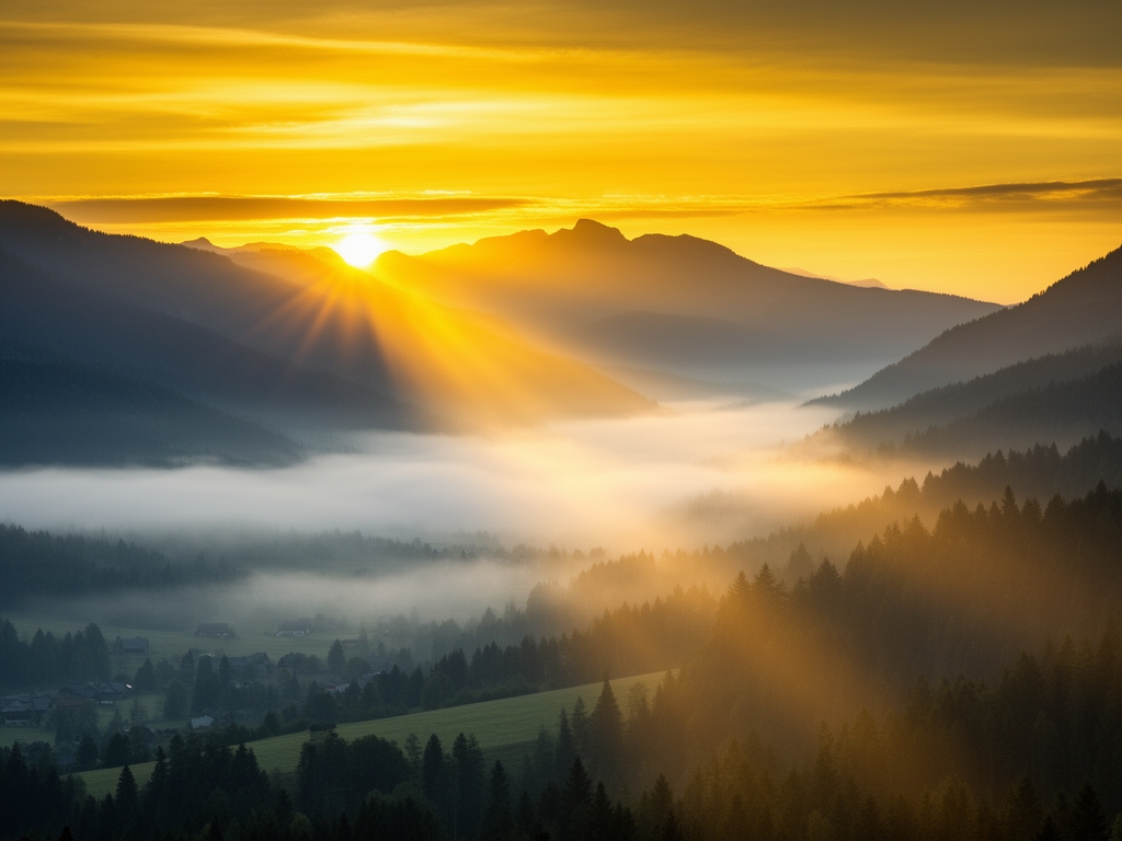 Dramatičan izlazak sunca nad planinskim pejzažem sa zlatnim nebom i treperavim suncevim zracima koji probijaju jutarnju maglu nad dolinom