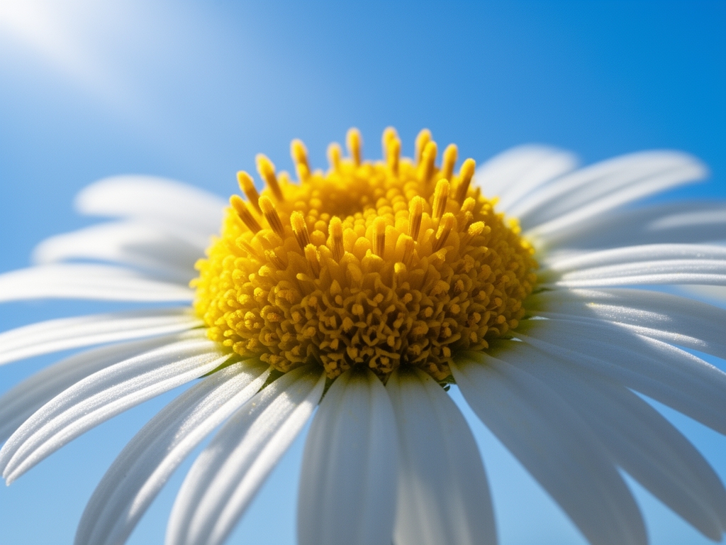 Makro fotografija cvetnog prašnika bele kamomile sa zlatnim prašnicima koji sijaju u jutarnjem suncu na plavom nebu u pozadini
