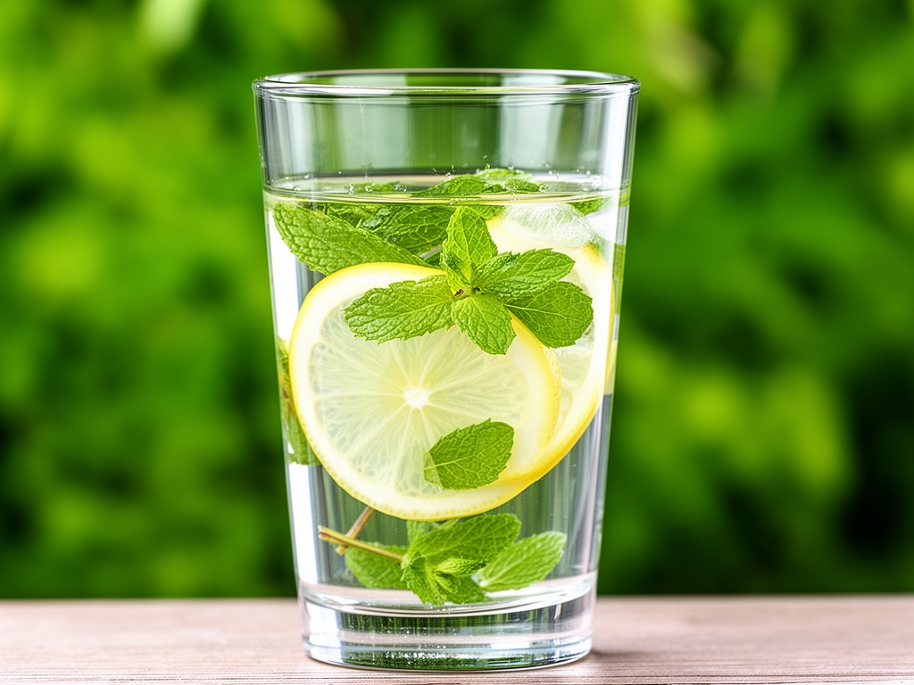 Čisto prozirno staklo napunjeno bistrom vodom sa tankim listićima mente i kriškama limuna, na prirodnoj zelenoj pozadini