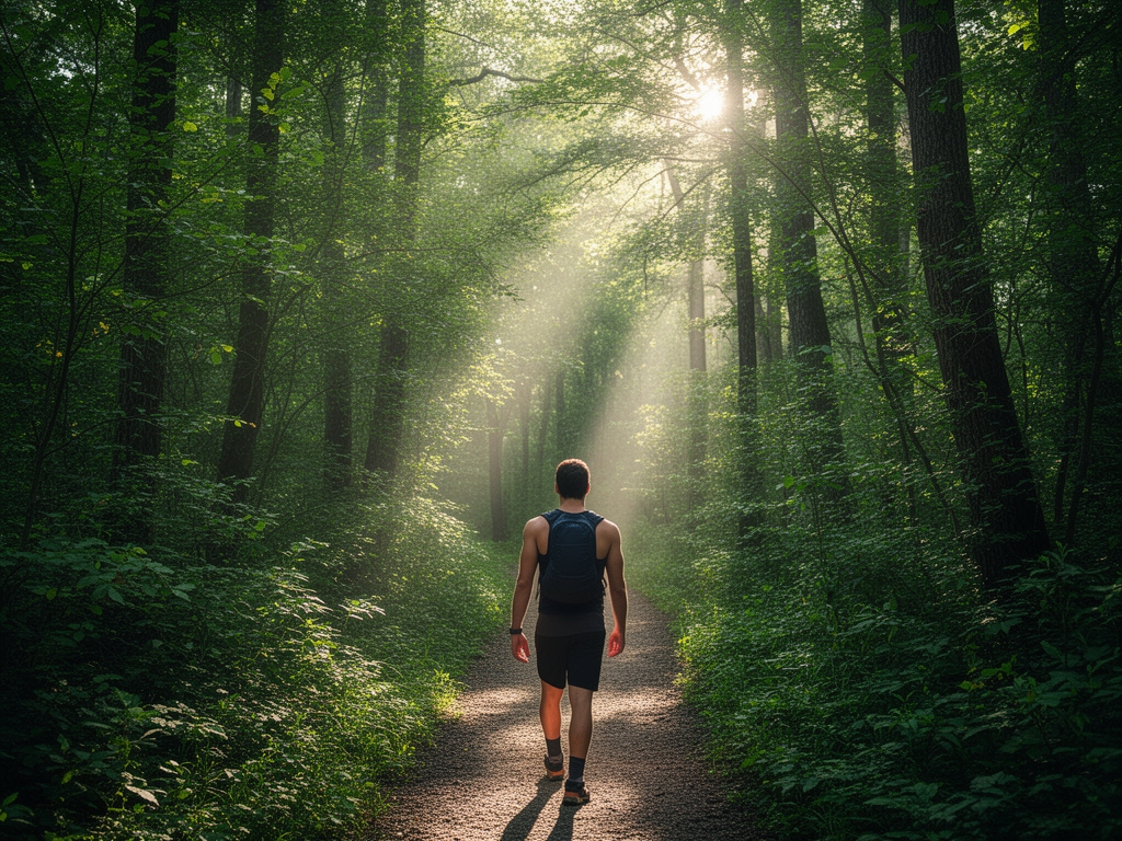 Osoba koja šeta po stazi kroz gustu zelenu šumu u rano jutro dok sunčeva svetlost probija kroz krošnje drveća
