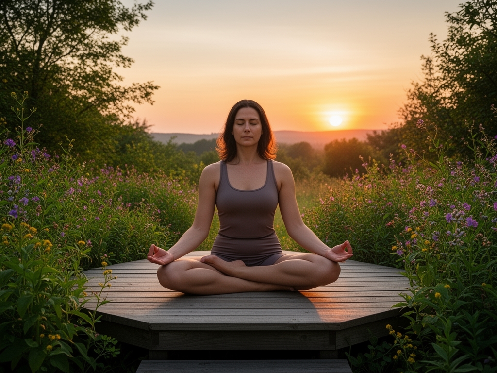 Mirna scena sa meditacijom u prirodi, osoba sedi u lotosovom položaju na drvenoj platformi okruženoj zelenilom i cvetnim biljkama pri zalasku sunca