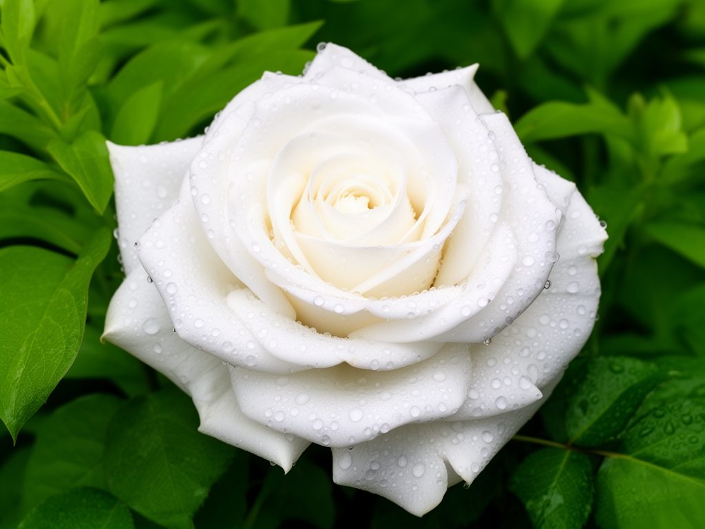 Krupni plan svežih latica bele ruže sa kapljicama vode na njima, uokvirenih zelenim lišćem, sa mekim prirodnim osvetljenjem